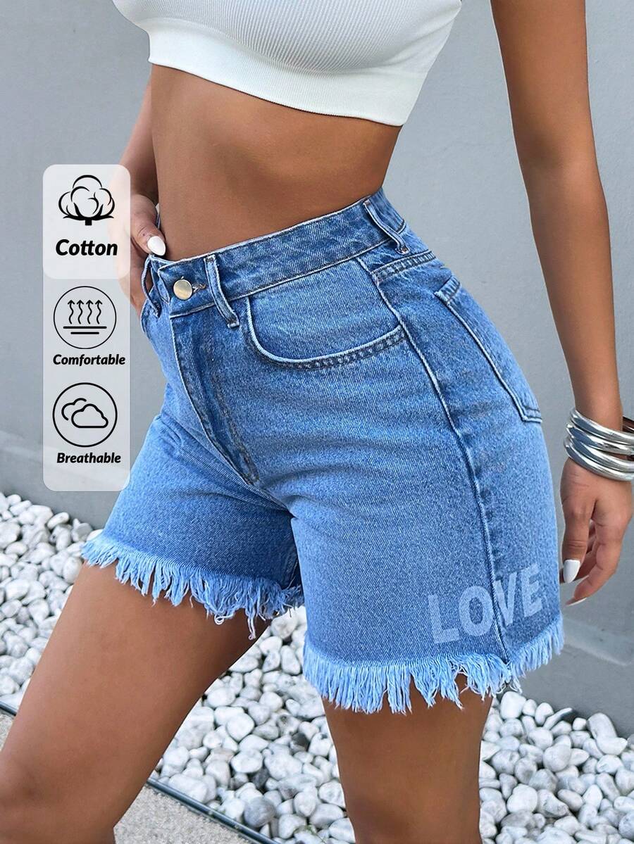 EURMUSE 女式字母图案口袋做旧下摆休闲牛仔短裤 - 中等水洗藍 - 查看 1