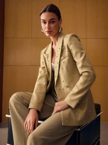 MOTF PREMIUM ÁO BLAZER NHẸ KÉP CỜ KÉP CỠ VỚI CHI TIẾT ĐÁ NHẠT - màu xanh lá - Xem 2