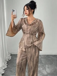 Modelyn 大码女式垂坠领收腰长袖优雅两件套 - 卡其色 - 查看 3