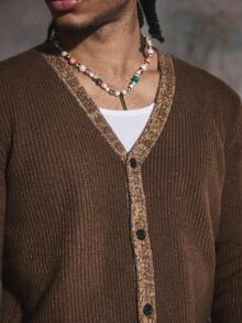 PAVTROS Manfinity Streetrush Men's Casual Contrast Trim Knit Cardigan , Fall Winter - Coffee Brown - View 7