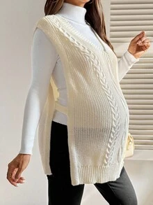 SHEIN 孕妇V领扭纹图案侧开衩下摆休闲针织背心