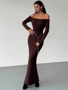 Aloruh 全新秋冬露肩修身针织长裙，优雅修身鱼尾毛衣裙 - 棕色 - 查看 5
