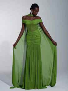 Elitara 优雅奢华橄榄绿色弹力网眼船领全荷叶边亮片伴娘礼服 - 綠色 - 查看 6