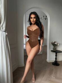 Zolique Lace Patchwork Sheer Camisole Bodysuit - Brown - View 4