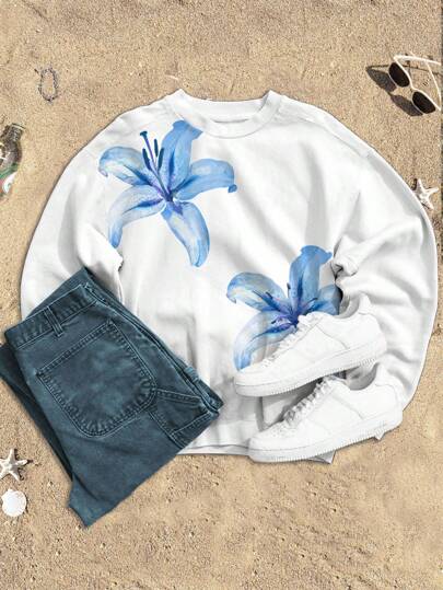 Attitoon 休闲简约蓝色热带花卉印花圆领宽松女式运动衫，适合夏季、秋冬季、海滩