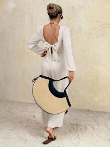 SHEIN Frenchy Women's Elegant Beige Long Sleeve Jumpsuit,Backless Lace-Up Bow Tie-Waist,Casual Autumn Vacation Holiday Outfits,Business Office Commute Minimalist - Apricot - View 2