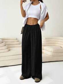 Solflare 大码纯色休闲打结阔腿裤 - 黑色 - 查看 3