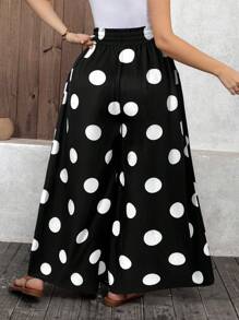 SHEIN LUNE Quần ống rộng dáng suông thoải mái, họa tiết chấm bi, cạp chun, dành cho nữ, kiểu dáng giáo viên, thích hợp mặc ở nhà. - Đen và trắng - Xem 2