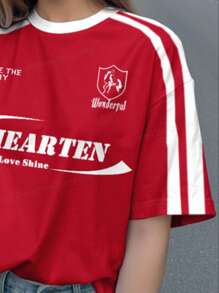 SHEIN Leap Crew 青少年女孩休闲简约针织红白撞色宽松T恤，适合夏季 - 彩色 - 查看 6