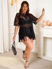 Reflora 大码女式蕾丝短袖透明性感流苏上衣，女式夏季，度假女士，女式西部装，女式度假，波西米亚风，女式音乐会，狂欢，狂欢上衣