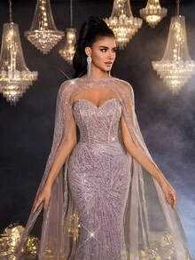 Glamrae Elegant Luxurious Beaded & Sequin Floral Detachable Jacket & Mermaid Skirt, Suitable For Wedding, Party, Vacation, Prom, Evening Gown (Heavy Embellished) - Dusty Pink - View 2