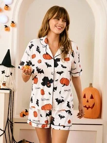 Chillnights Women's Halloween Bat & Pumpkin Print Lapel Pajama Set Cute Pajama Set For Women - White - View 3