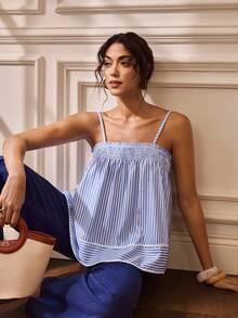 Shutterstock Glamance Women's Spaghetti Strap Striped Ruffle Hem Camisole Top Off The Shoulder Casual - Blue - View 4