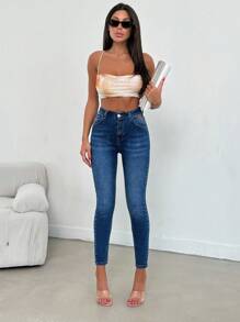 EURMUSE Petite 97% Algodón Lavado Alto con Detalles de Jacrón Jeans Skinny, Mujeres Petite - Azul lavado medio - Ver 7