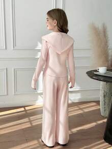 SHEIN 青少年女孩 2 件纯粉色抽绳连帽衫和阔腿裤套装，适合春秋季休闲装和日常穿着 - 粉色 - 查看 10