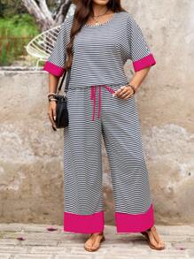 SHEIN LUNE 2 bộ quần áo và áo thun tay ngắn cổ tròn in họa tiết sọc đen trắng cỡ lớn cho ngày của mẹ dành cho nữ trang phục lễ hội mùa hè dành cho nữ quần áo thập niên 90 thời trang đường phố dành cho nữ mùa hè phong cách boho tiền cũ trang phục mùa hè dành cho phụ nữ trang phục phá cách trang phục mùa hè cho nữ - Màu Hồng Tươi - Xem 4