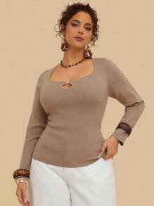 SHEIN VCAY Suéter de unicolor versátil y de moda para mujer de talla grande en otoño/invierno - Café integral - Ver 4