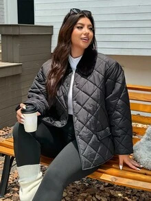 SHEIN EZwear 大码女式纯色羊毛翻领长袖休闲冬季夹克 - 黑色 - 查看 1