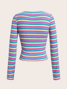 SHEIN X Care Bears 女式休闲可爱条纹熊印花长袖修身T恤