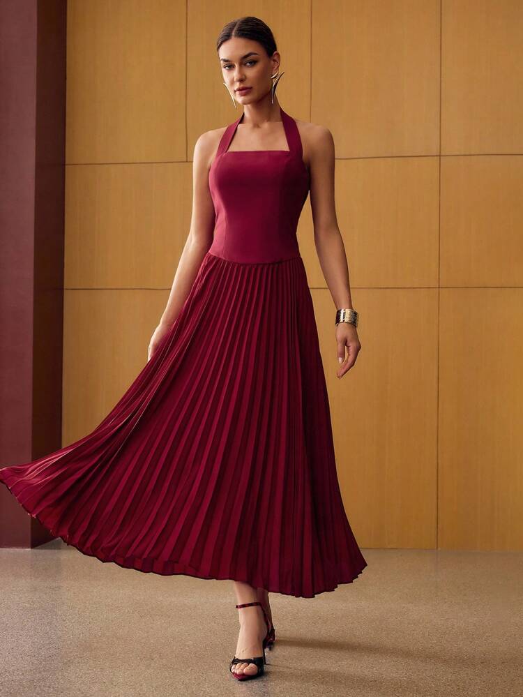 PLEATED HALTER DRESS