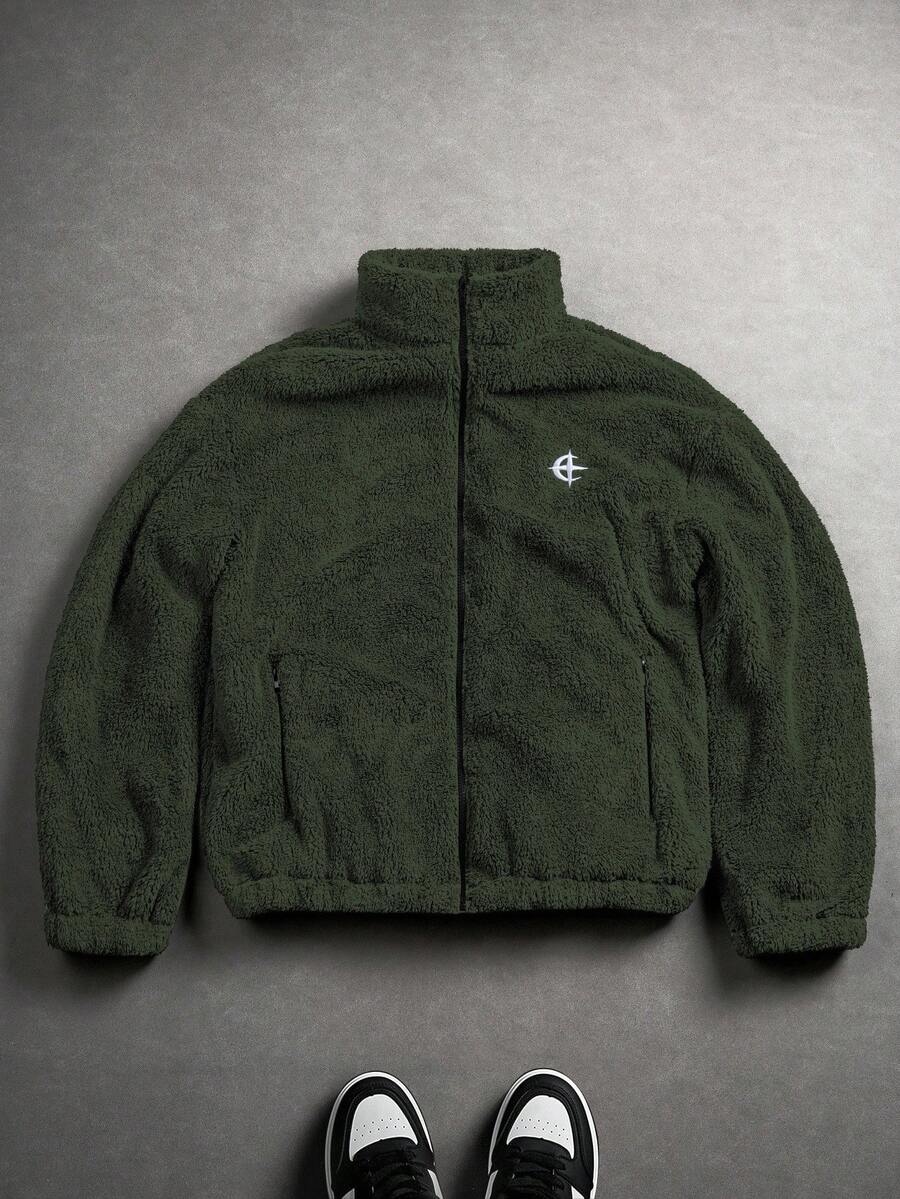 PAVTROS Manfinity Streetrush 男士秋冬羊毛拉链立领刺绣夹克，垃圾摇滚风 - 綠色 - 查看 1