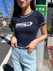 DAZY Women's Letter Printed Round Neck Short Sleeve T-Shirt,Graphic Tees - Navy Blue - View 5