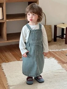 DAZY Baby Girls Solid Color Washed Casual Korean Style Denim Jumpsuit Dress Fall,Winter Toddler Girls Clothes - Blue - View 3