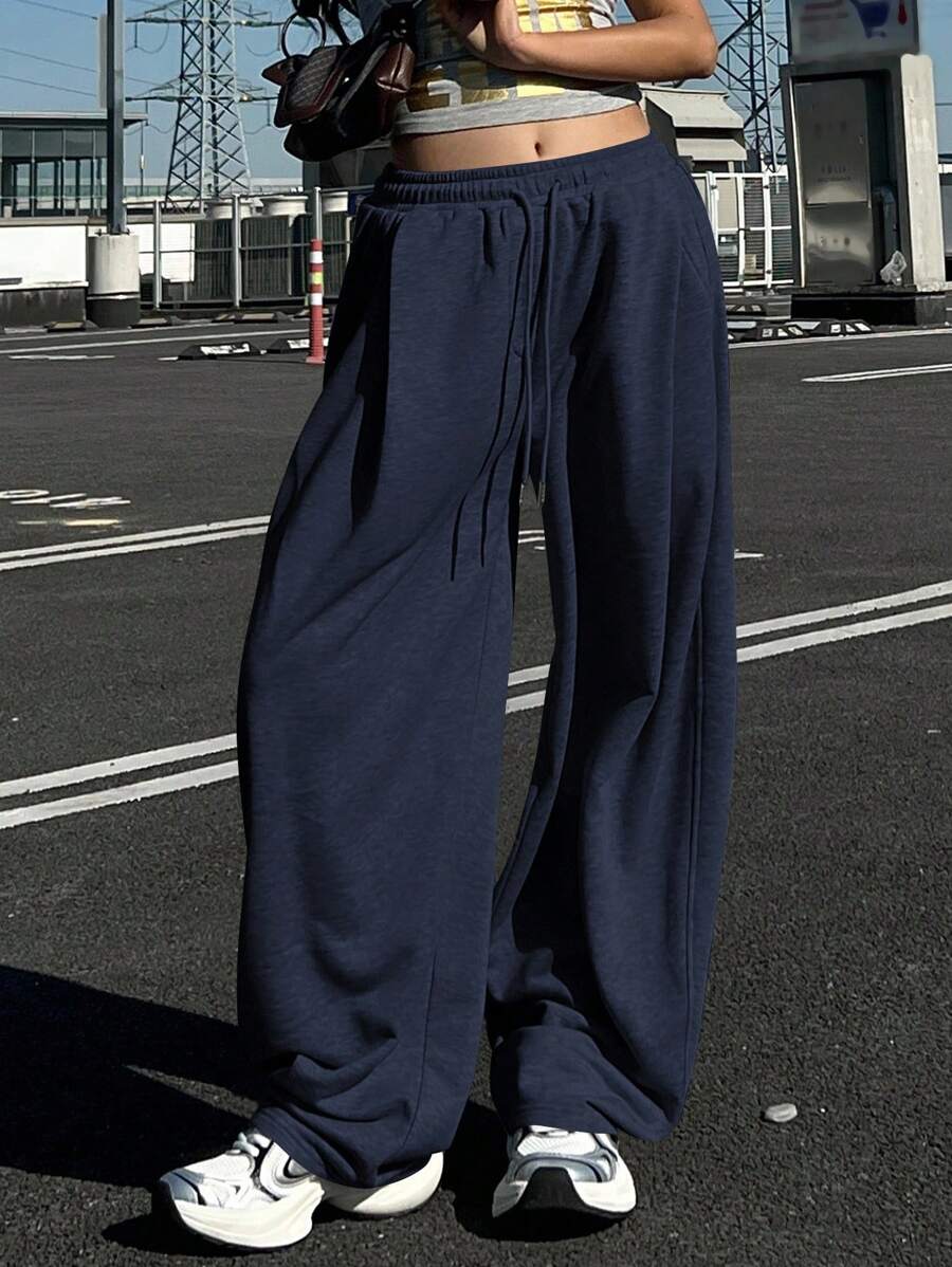 DAZY 女士纯色宽松褶皱运动裤，休闲运动裤，保暖内衬，厚款，适合秋冬季女士慢跑裤 - 藏蓝色 - 查看 1