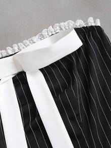 Sweetra Women's Retro Striped Blazer Design Lace Bowknot Waist Slim Fit Halter Dress Set, Elegant Style Fall Cloth For Women