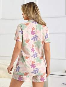 Conjunto de 2 piezas de mujer de algodón con estampado de flores, blusa de manga corta y shorts para usar en casa