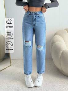 EURMUSE HIGH WAIST MOM FIT JEANS Simple Practical Multifunctional - Light Wash - View 1
