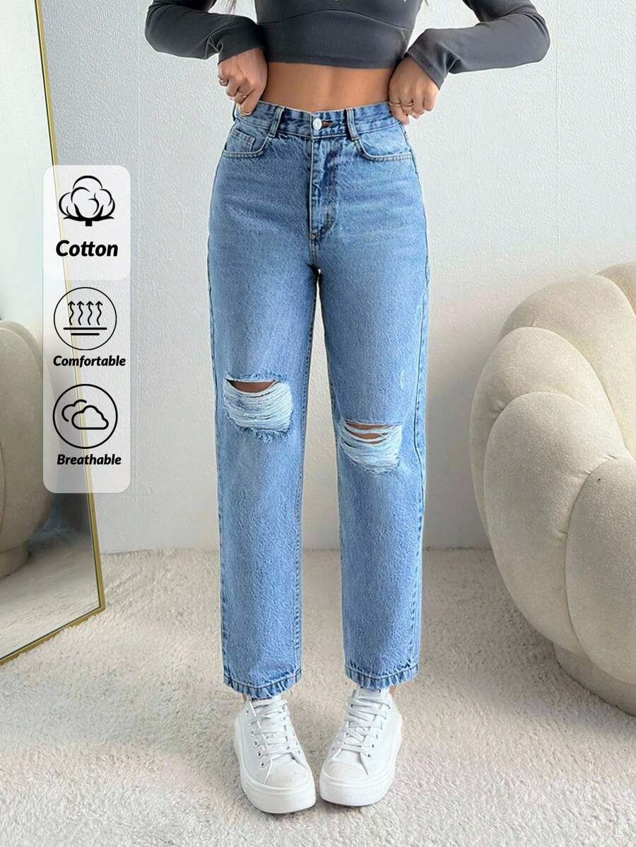 EURMUSE HIGH WAIST MOM FIT JEANS Simple Practical Multifunctional - Light Wash - View 1