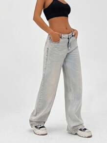 CasuGlow Quần jean ống rộng cạp thấp baggy cổ điển 100% cotton dành cho nữ - Rửa trung bình - Xem 3