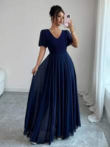 Elenzga Ruffled Sleeve Waist Cinched V-Neck A-Line Minimalist Elegant Romantic Sophisticated Women Dress - Navy Blue - View 6