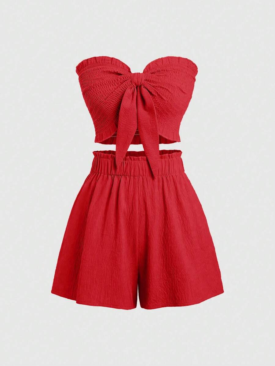 Sweetra Women's Vacation Solid Color Ruffled Bandeau Top And Shorts Set With Front Knot For New Year Clothes - Red - View 1