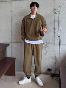 DAZY Men's Autumn Half-Zip Textured Fabric Pullover Sweatshirt & Pants Set - Khaki - View 5