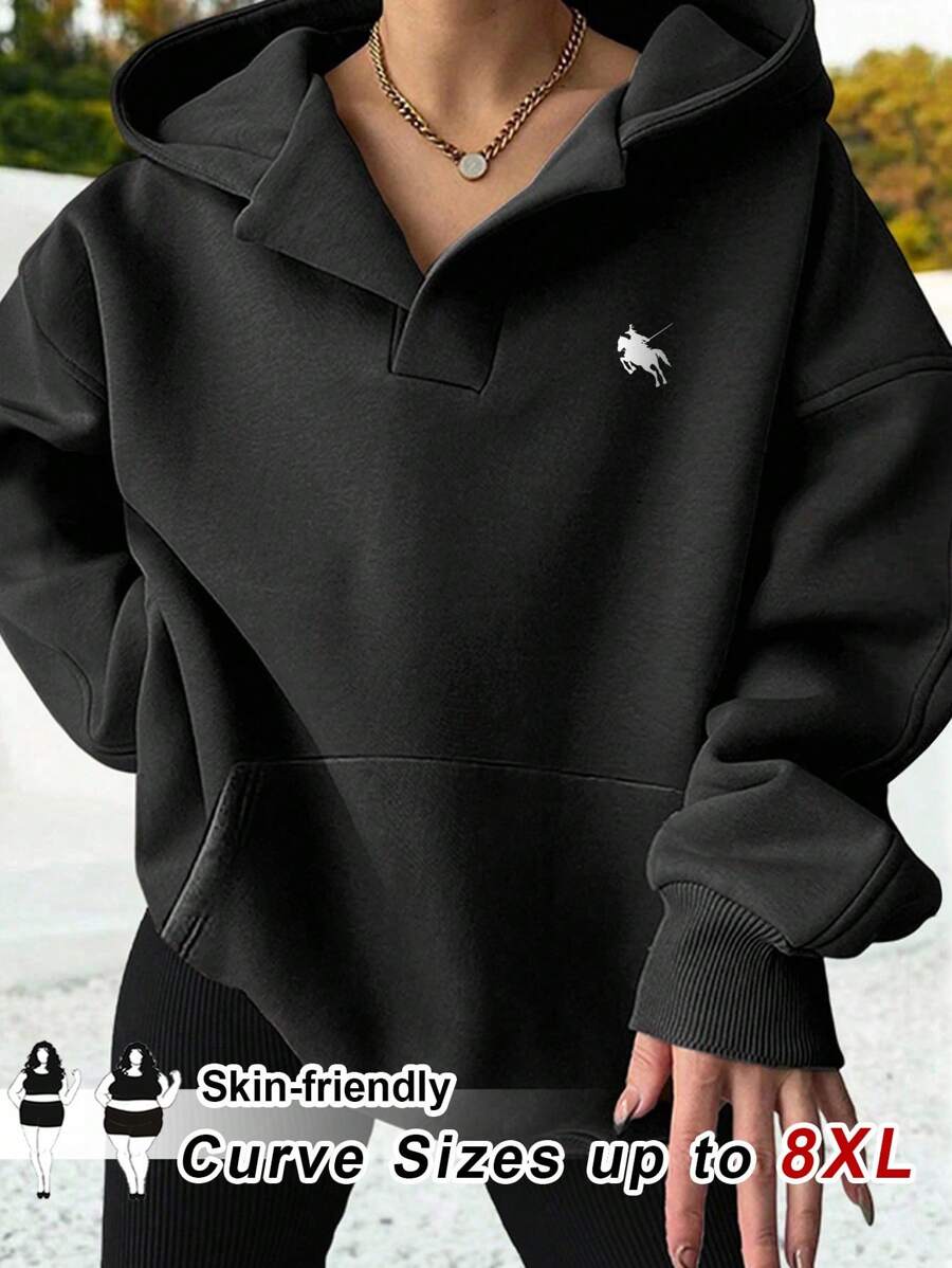 SHEIN CURVE+ Curves Plus Size/Chool Clothes/Back To School Clothes /Back To SchoolWomen's Plus Size Black Casual Simple Floral Print Plus Size Long Sleeve Loose Hooded Cardigan With Pockets, Autumn Plus Size Hoodies Women Plus Size Sweatshirts 8xl Hoodies For Women 6xl Plus Size Hoodies Plus Size Sweatshirts 8xl Winter Fall/Autumn /Winter