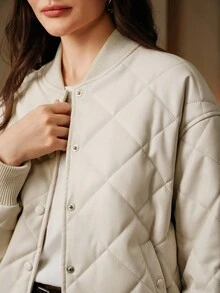 Anewsta 女式休闲 PU 皮革夹棉棒球飞行员外套，长袖 - 白色 - 查看 8