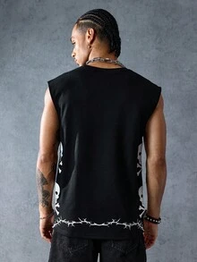 ROMWE MEN Goth 男士骷髅印花休闲宽松无袖背心，2000 年代风格 - 黑色 - 查看 3