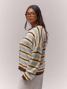 MUSERA 大码条纹圆领纽扣宽松开衫，可爱优雅高贵假日休闲居家女款，曲线奶油糖色时尚春季毛衣，情人节款 - 彩色 - 查看 4