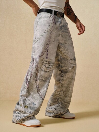 Street Life بنطلون جينز رجالي فضفاض مغسول بطراز فينتاج، أزياء الشارع