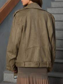 Chiquease Khaki Suede Casual Minimalist Zip-Up Jacket, Fashionable High-End Versatile Streetwear Style For Women - Khaki - View 2