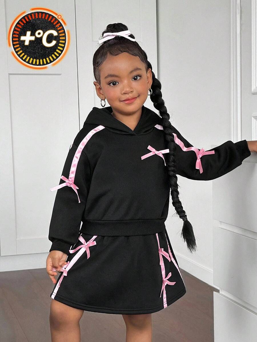 2pcs/Set Young Girl Solid Color Thermal Lined Loose Hoodie Sweatshirt And Mini Skirt Set - Black - View 1