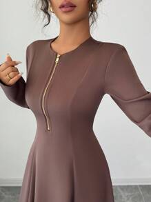Elenzga Women's Elegant Coffee Brown Round Neck Front Zipper High-End Design Waist Fitted Flared Long Sleeve Midi Dress, Suitable For Commuting In Autumn Fall Cloth For Women - Brown - View 5