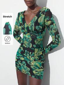 Maija Women Floral Print Ruffle Trim Long Sleeve Mini Dress, Suitable For Vacation - Green - View 1