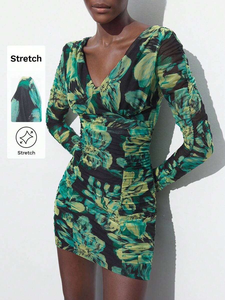 Maija Women Floral Print Ruffle Trim Long Sleeve Mini Dress, Suitable For Vacation - Green - View 1
