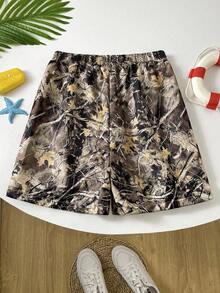 SHEIN Tween Boy Casual & Loose Leaf & Branch Print Swim Trunks With Fitted Lining - Multicolor - View 5