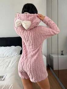 SHEIN 蝴蝶结连帽抓绒睡衣连体衣可爱睡衣女式蓬松睡衣可爱家居服毛绒睡衣连帽可爱睡衣，秋冬舒适 - 粉色 - 查看 3