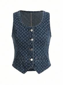 SHEIN x PRISCILA & JIMENA MOTF PREMIUM 纹理纽扣牛仔背心 - 中等水洗藍 - 查看 2