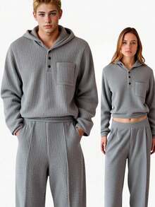 SHEIN 2件套青少年男童休闲舒适百搭连帽半拉链长袖上衣和裤子套装